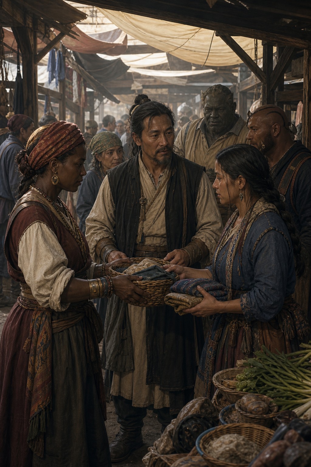 Humans gathering in a covered market