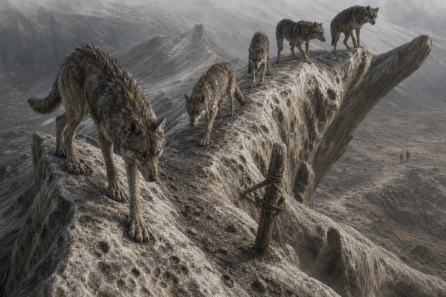A pack of ridgeback wolves on bone-rock spines