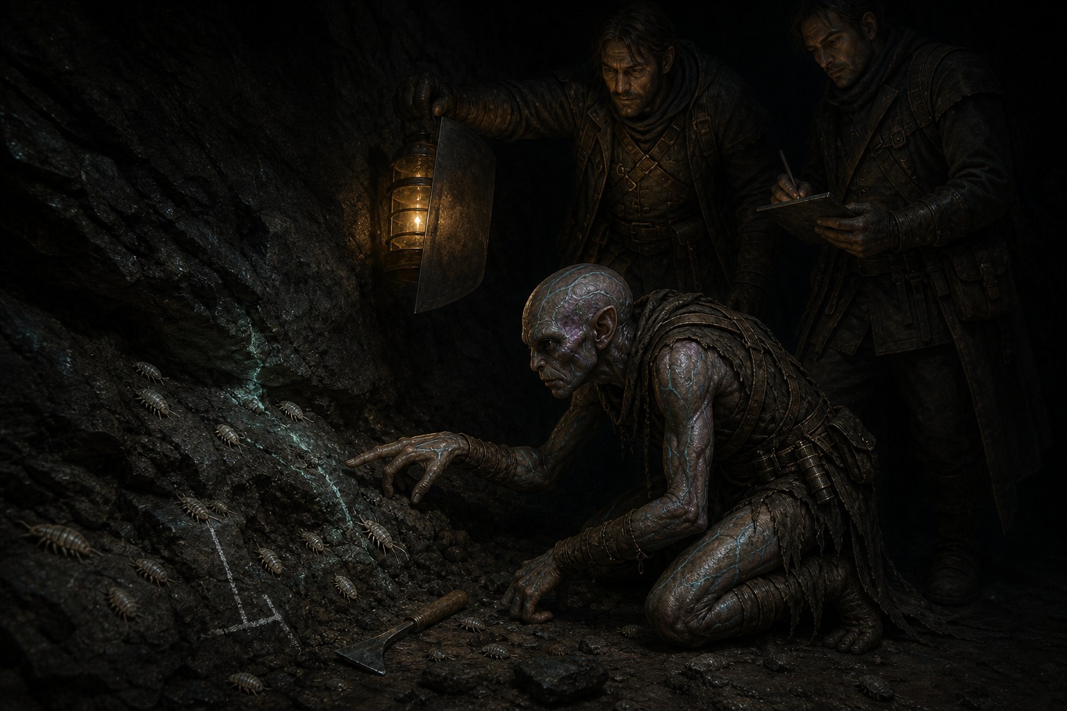 A tap-crawler at a luminous seam in the worked Depths