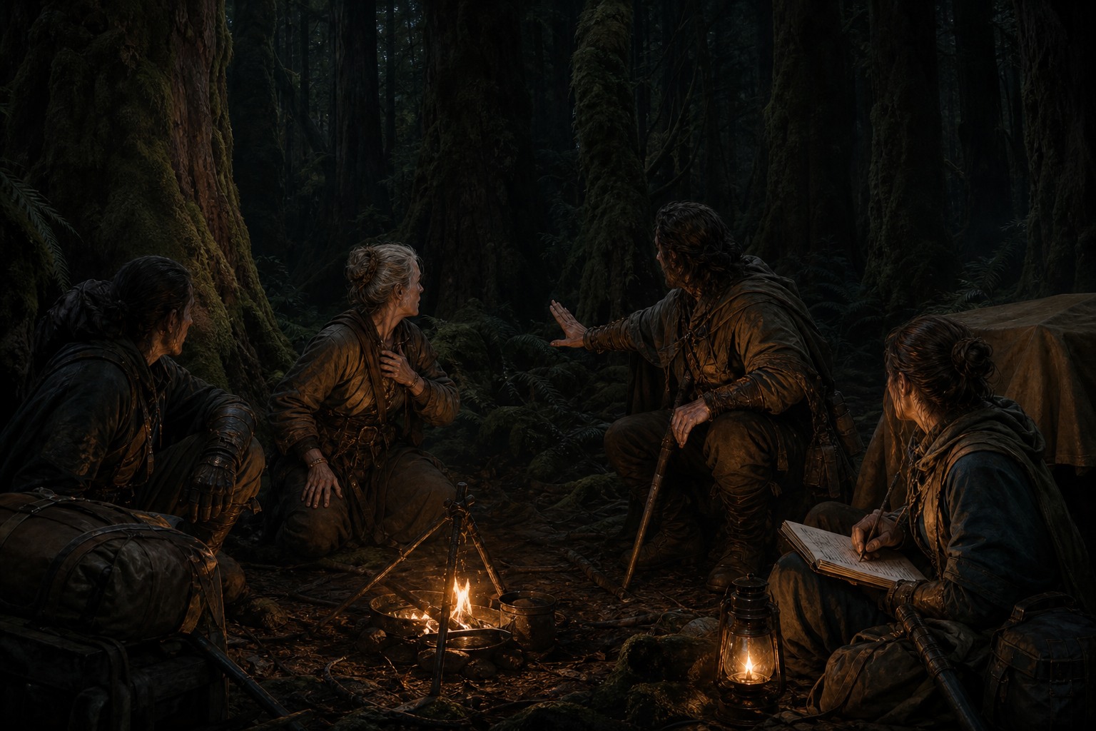 Namesakes listening near a camp
