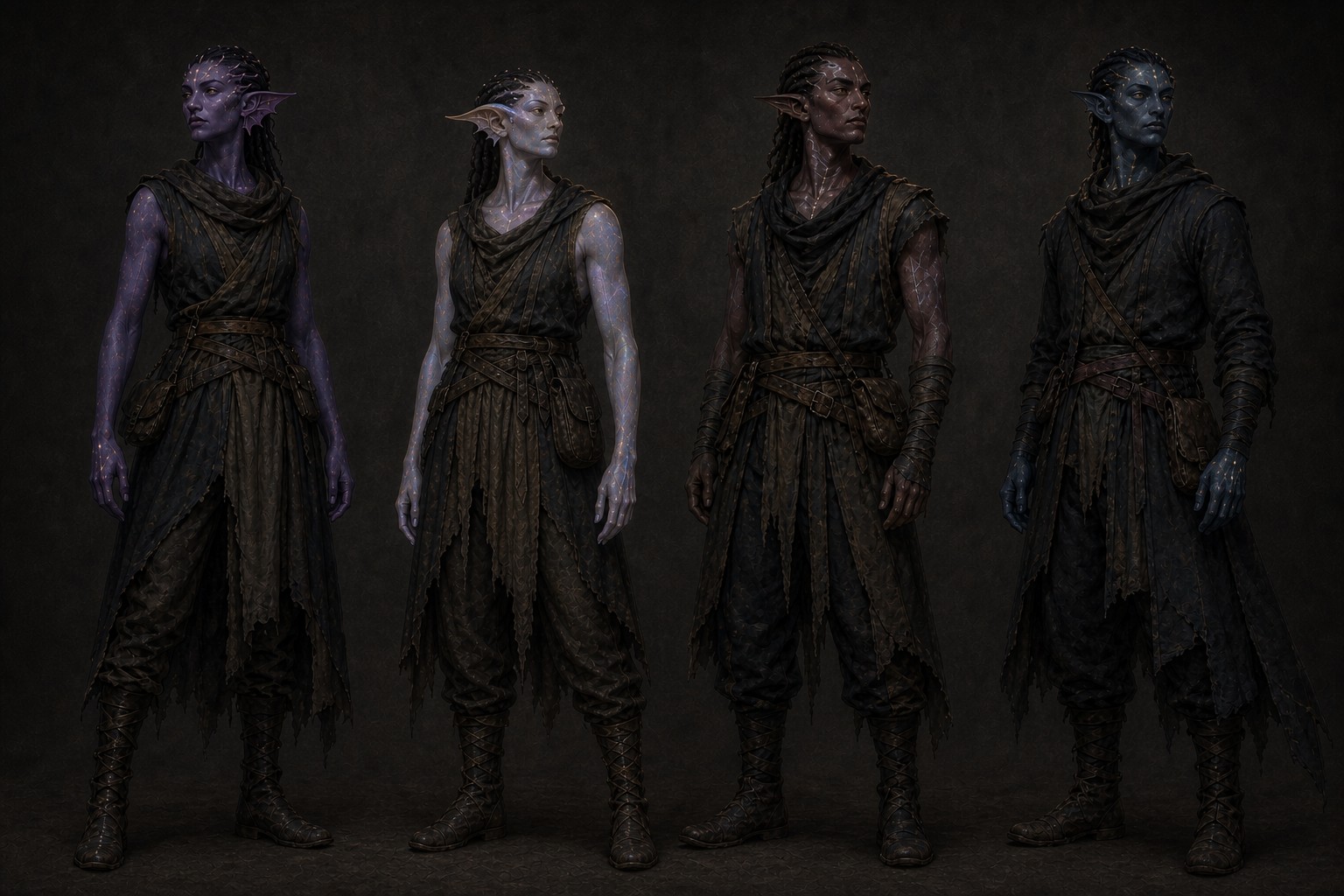 Wyldtouched figures showing inherited family anatomy and iridescent living skin