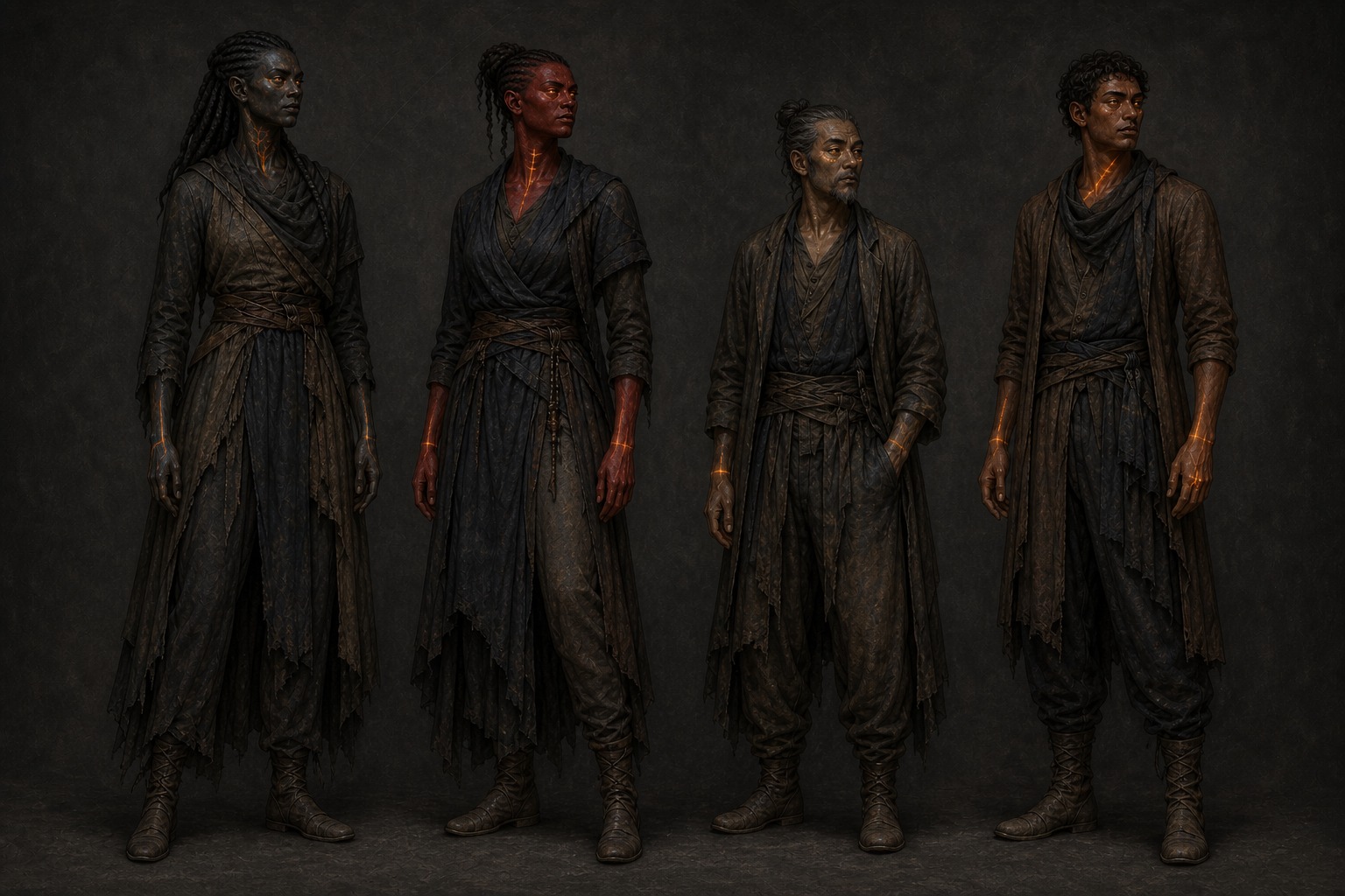 Emberkin figures with earthy charcoal-to-red living skin and contained heat