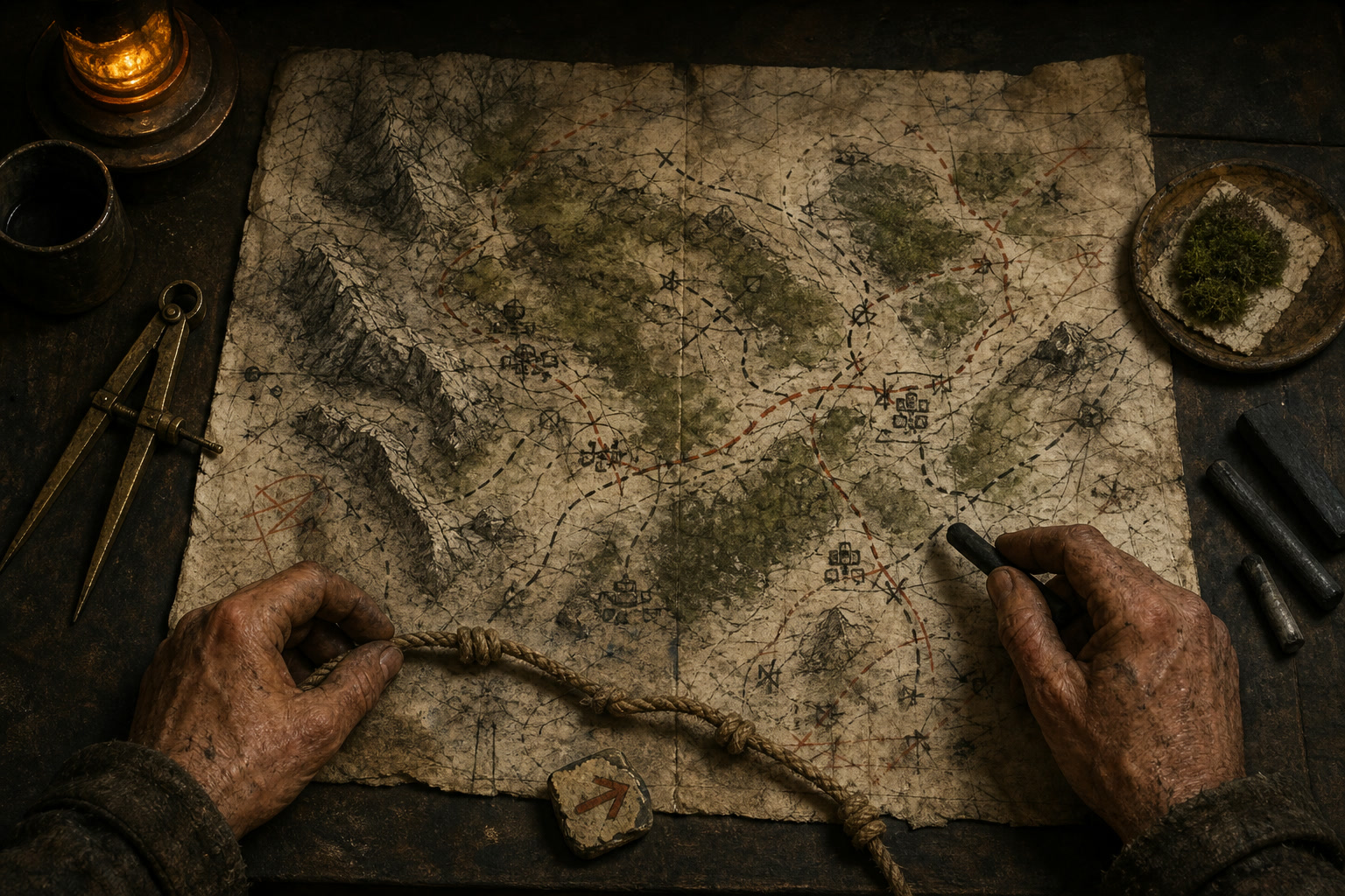 A weathered observational route map covered with corrections and field instruments