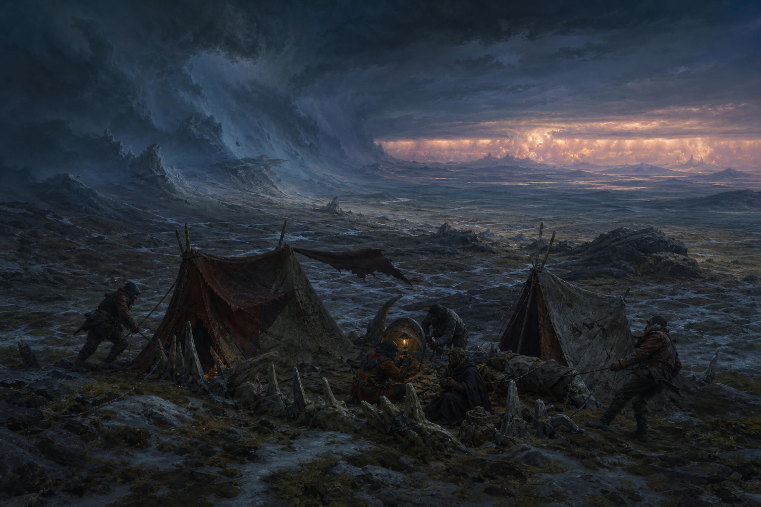 A temporary field camp at the hostile edge of inhabited country