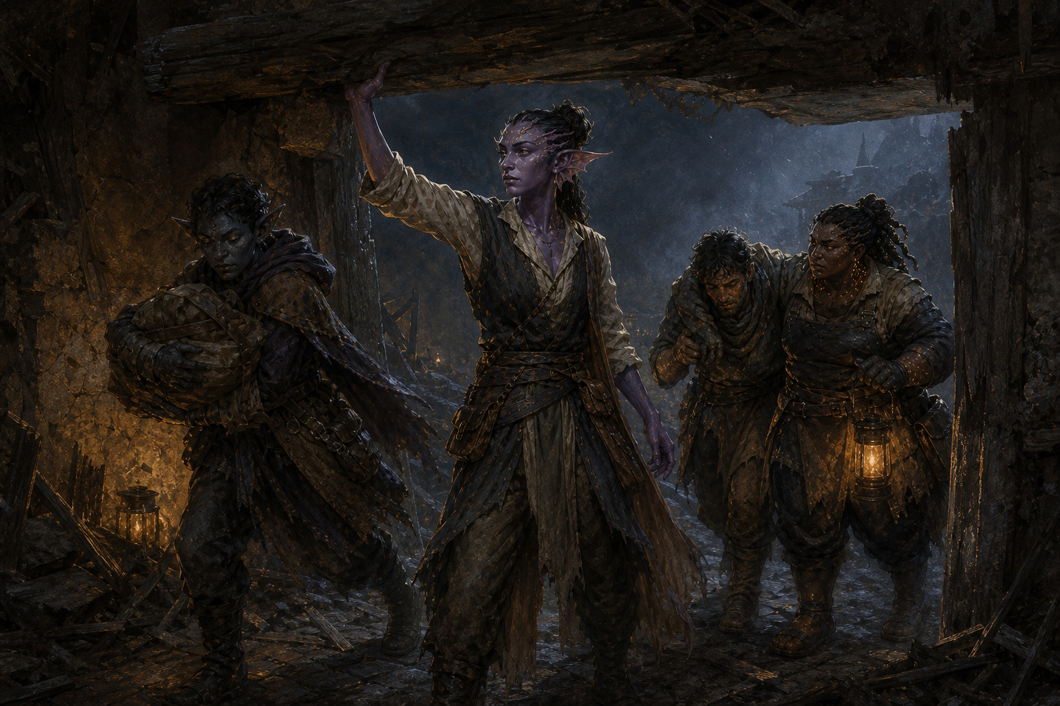 A Bloodmark acting from an oath while companions move around them