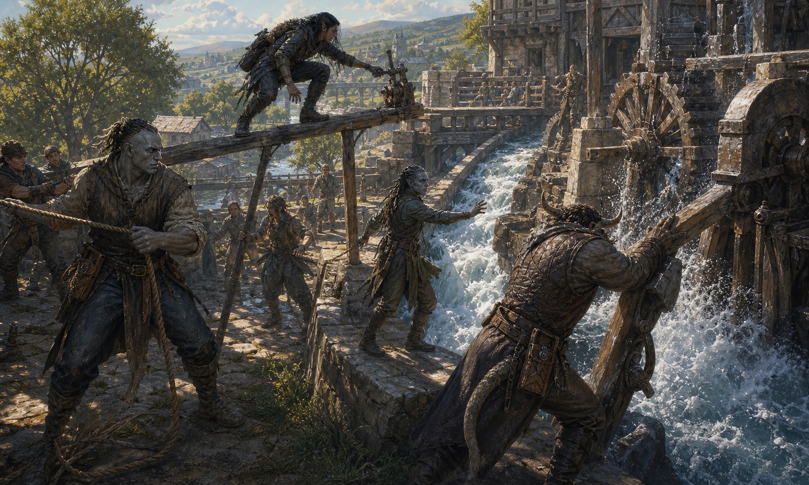 A mixed company solving one urgent problem at a sunlit river mill through several methods