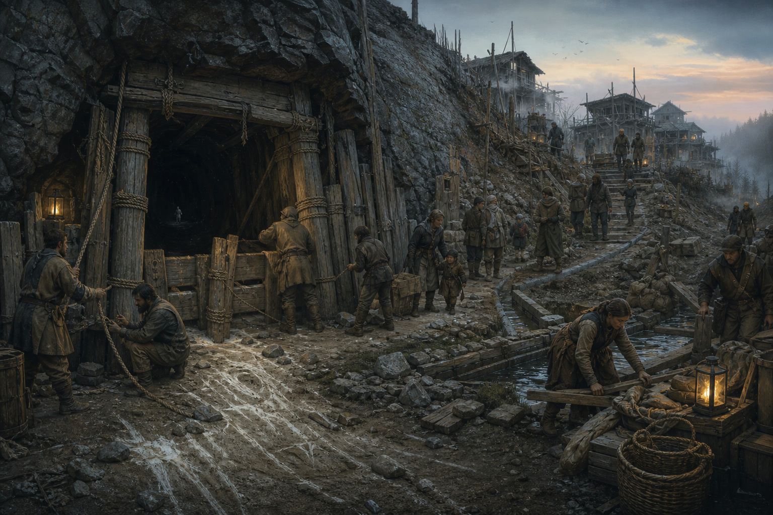 A settlement responding to water and warning signs as the Depths rise
