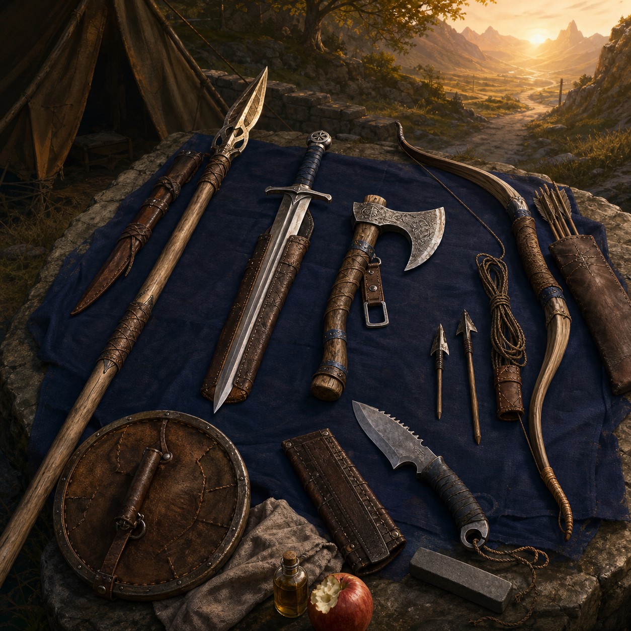 Maintained road weapons shown with grips, scabbards, and sharpening tools