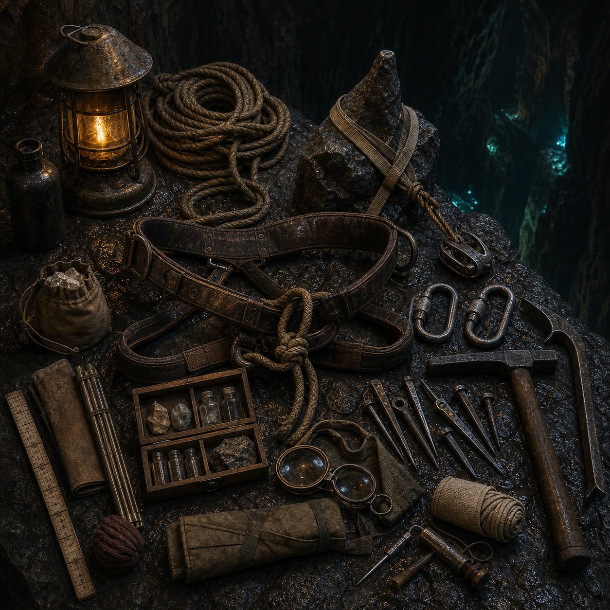 A complete climbing and delving kit arranged as a connected tool system