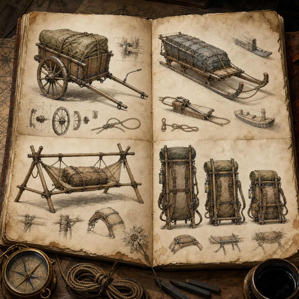 Field-journal studies of handcart, snow sled, travois, and fitted pack frames