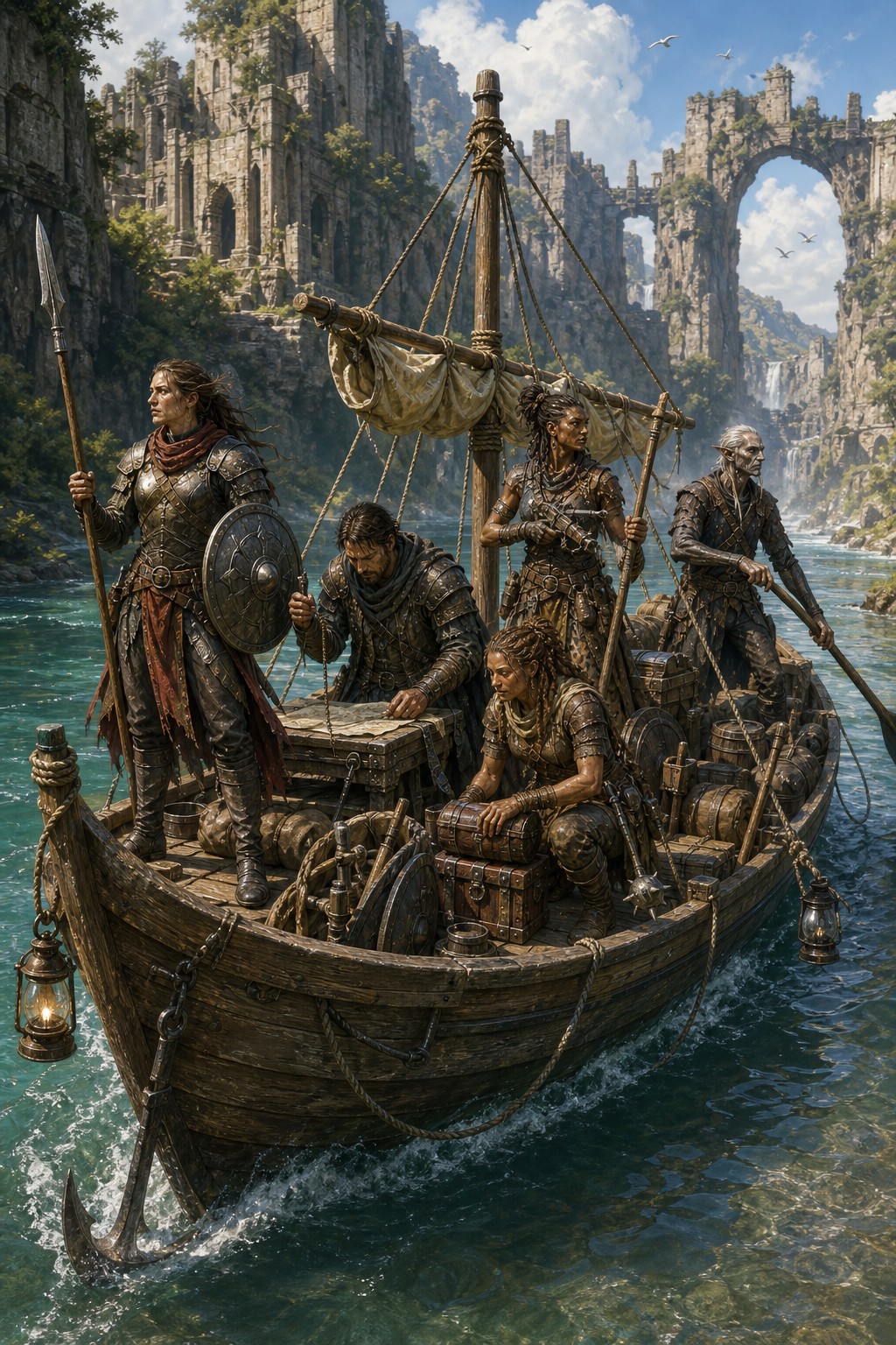 A fully equipped mixed company traveling by river skiff