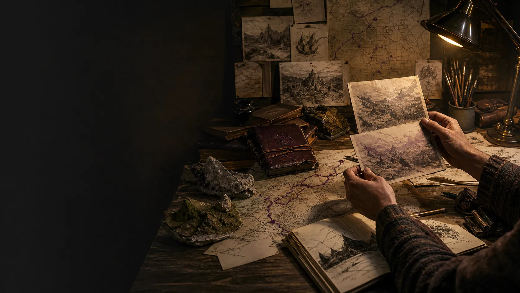 A creator compares revisions in a working studio