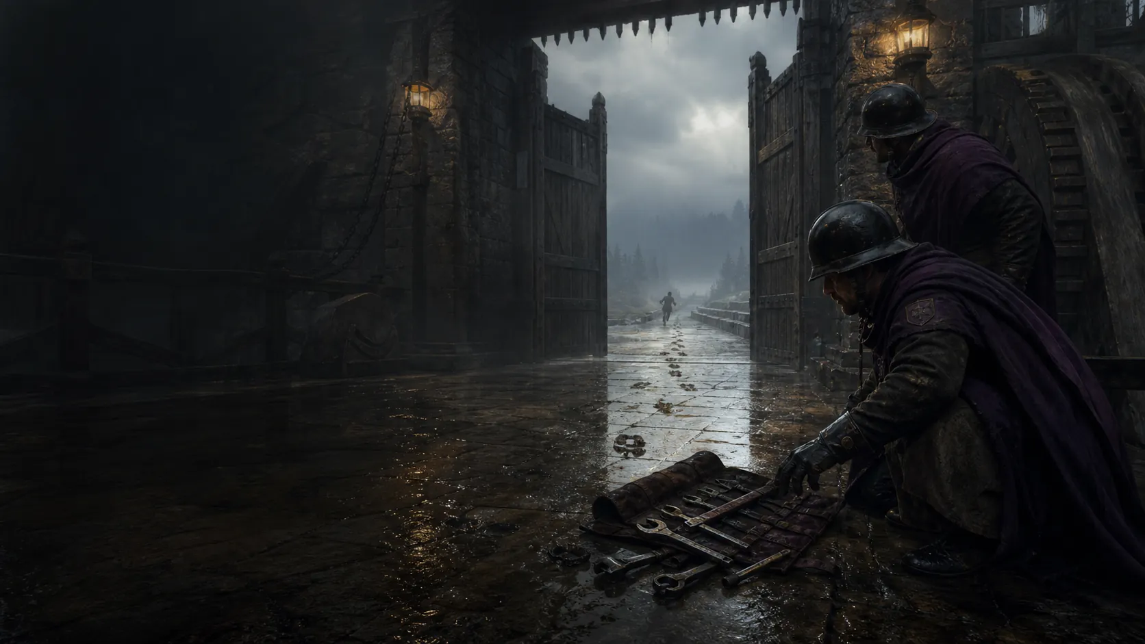 Guards find a marked tool roll beside an open gate and wet footprints