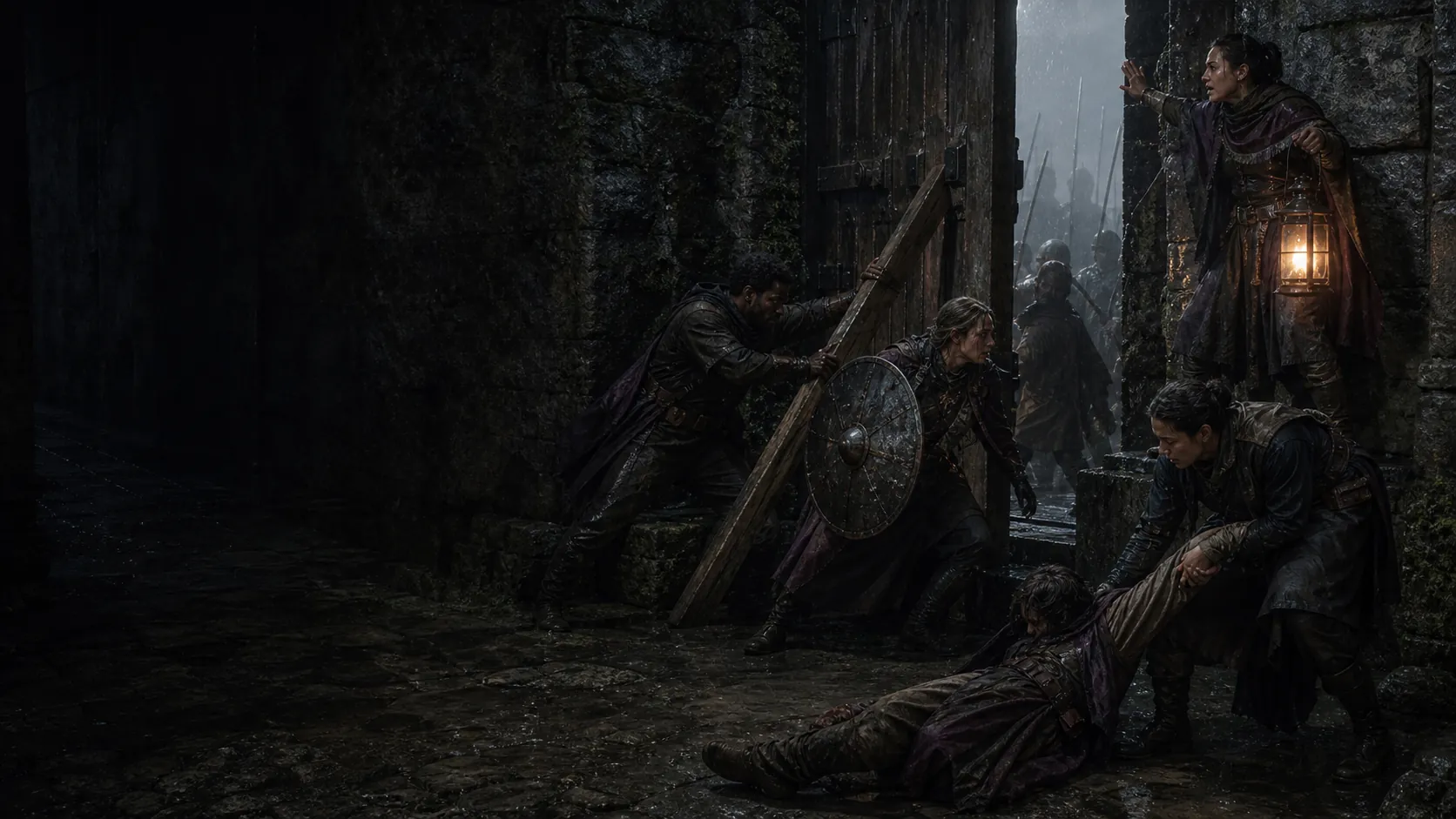 A company holds a doorway while helping an injured companion retreat