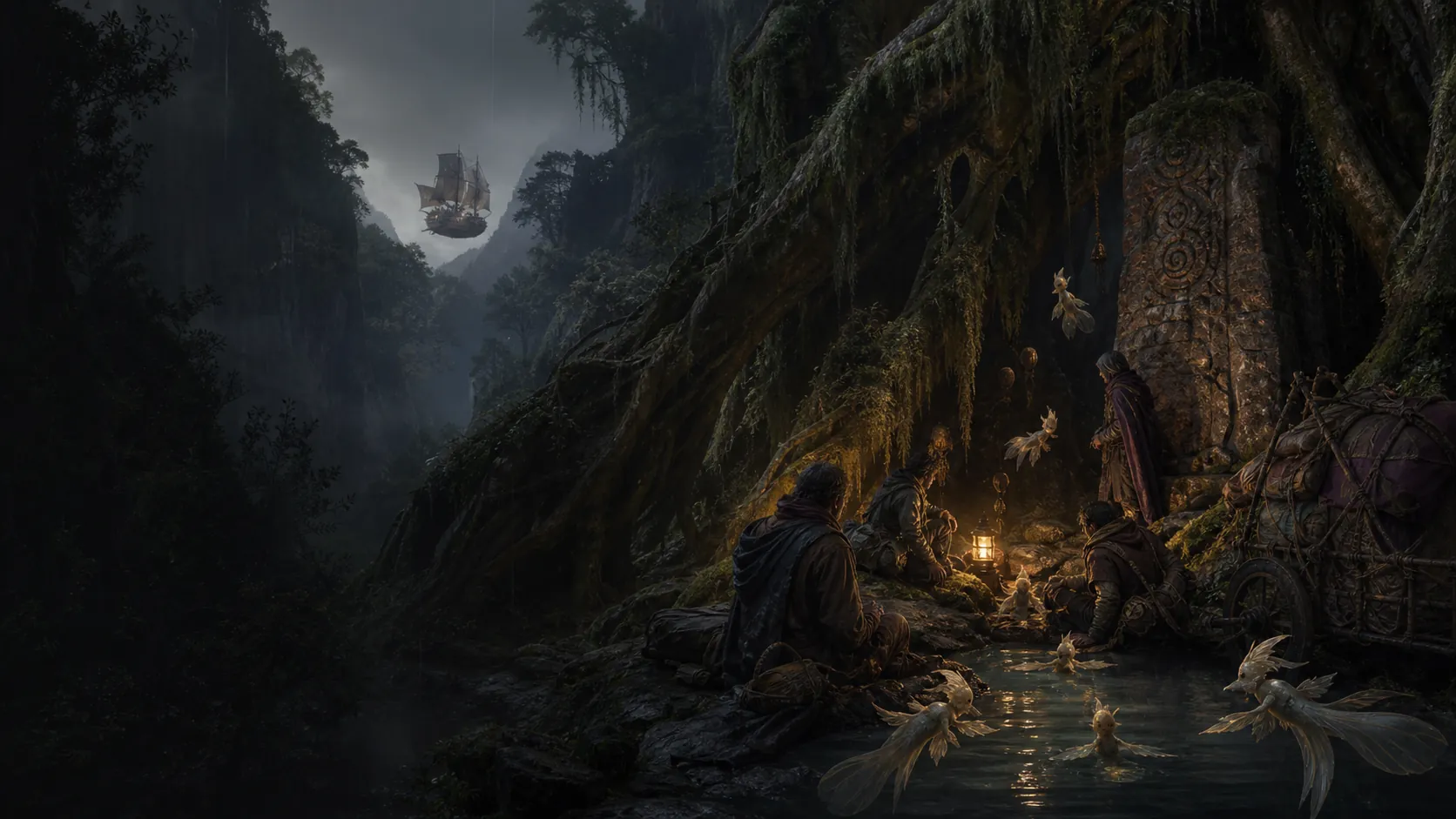 Travelers pause beside luminous forest life while an airship crosses a distant ravine