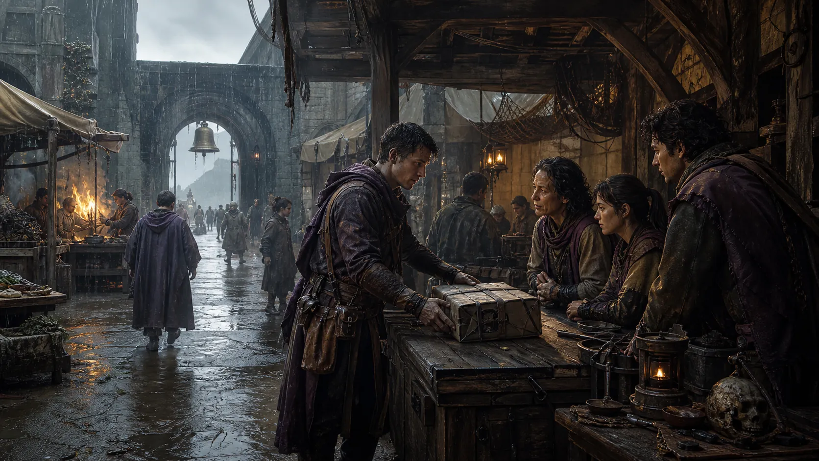A worried courier brings a damaged parcel to a company in a rain-soaked market