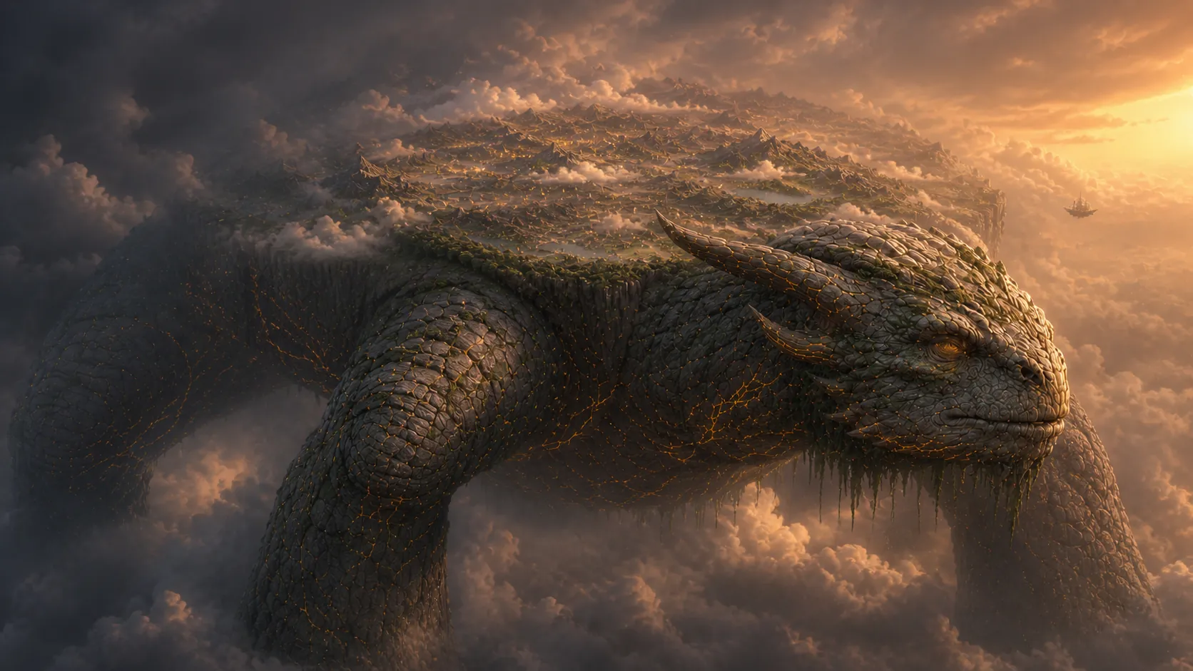 A continent-sized Wanderer emerging through cloud beneath its inhabited back