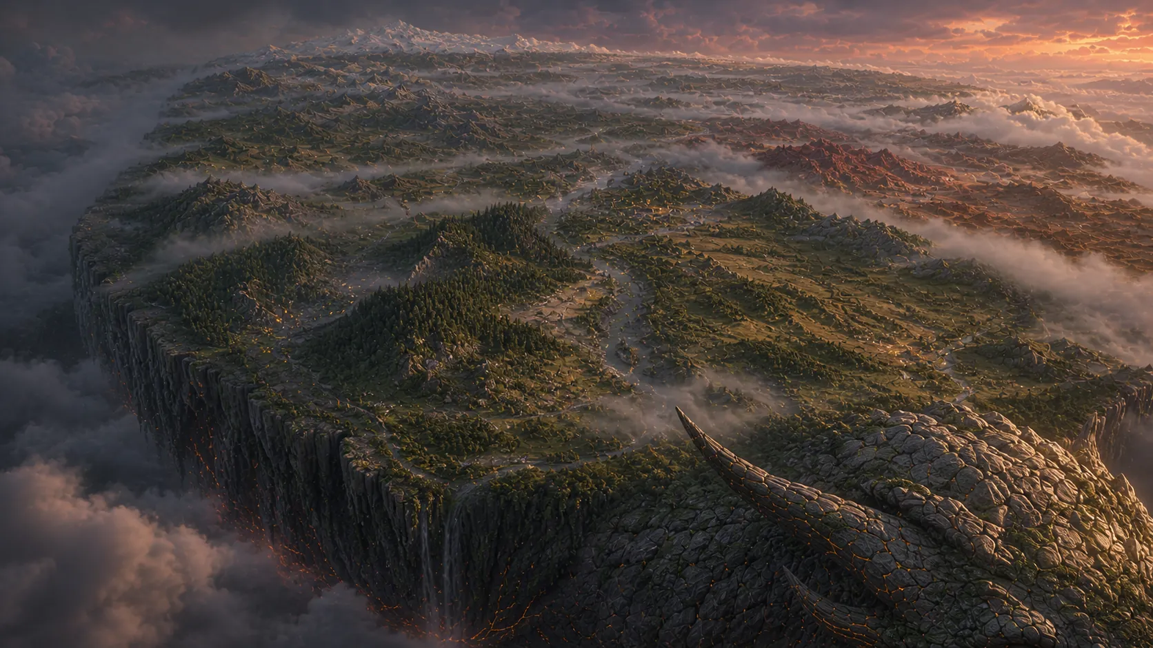 Cloud banks divide forests, rivers, highlands, and settlements across a Wanderer's back