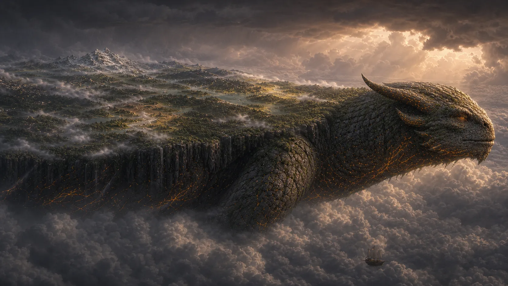 A Wanderer crosses a cloud sea while distant regions recede along its back
