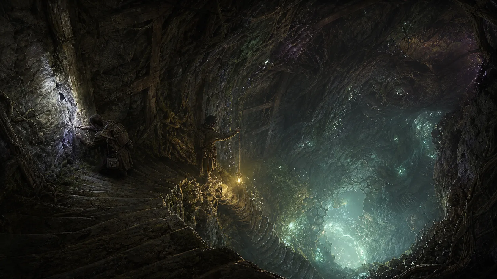 Explorers descend through living stone, old braces, and luminous growth