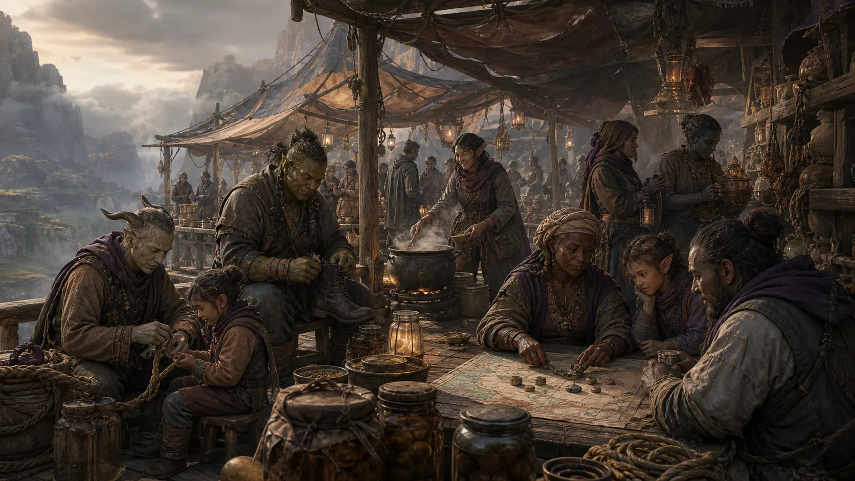 People trade, repair equipment, share food, and plan routes in a market