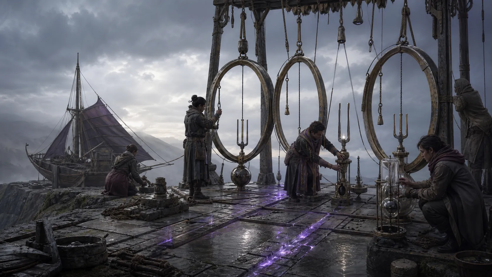 A crew calibrates resonance instruments beside a moored sail-airship