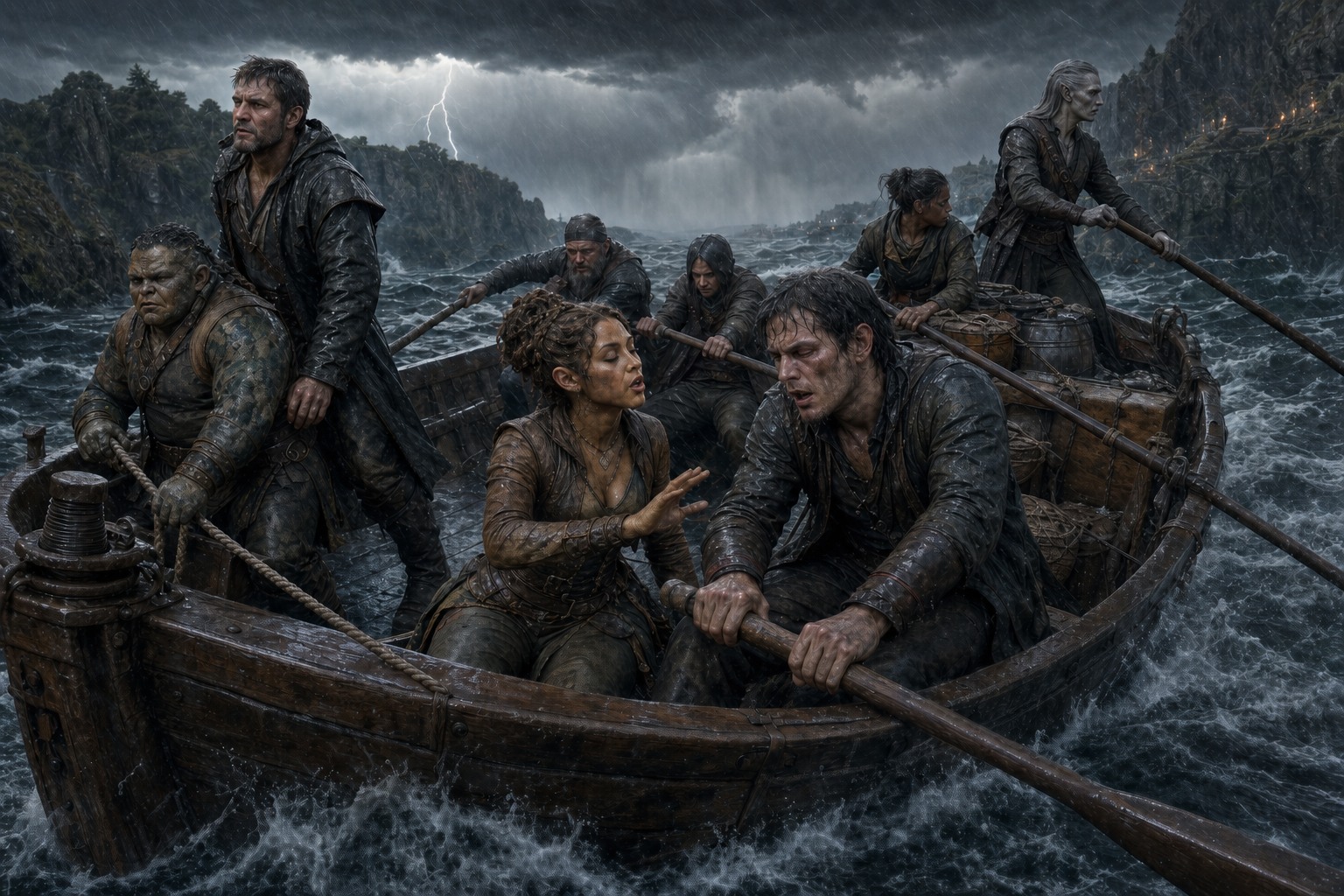Travelers holding together aboard a storm ferry